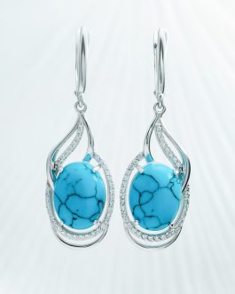 Серьги из серебра 925 длинные с бирюзой и фианитами